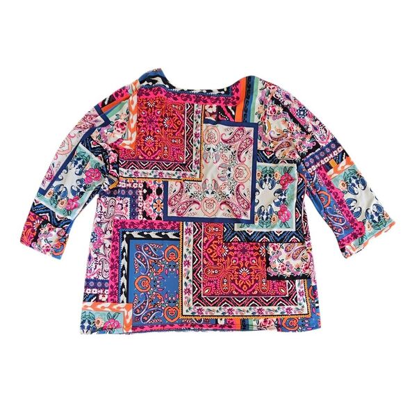 Susan Graver Multicolor Patchwork Liquid Knit Top 3/4 Split Sleeve 1XL Zipper - Picture 2 of 8